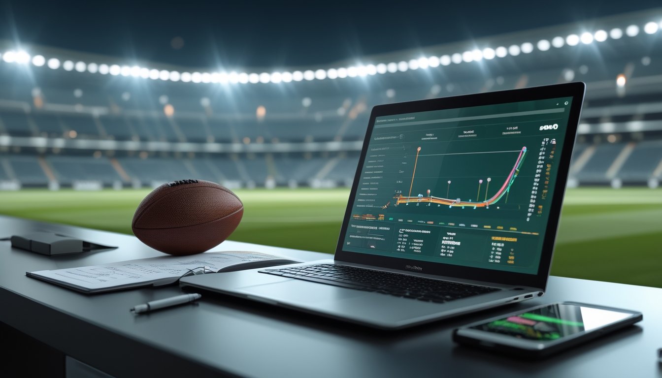 Meja analis dengan bola, laptop berisi grafik data, dan stadion sepak bola yang tampak samar di latar belakang.