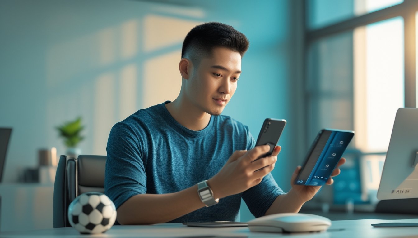 Seorang pria menggunakan ponsel untuk melakukan pembayaran digital di meja kerja dengan suasana stadion sepak bola yang samar di latar belakang.