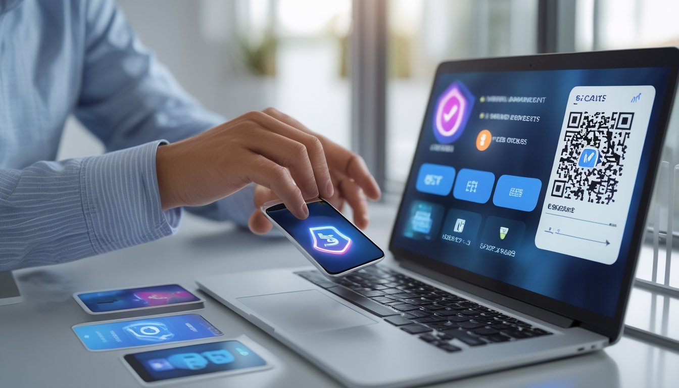 Seseorang membandingkan opsi pembayaran digital yang aman melalui laptop dan ponsel di meja kerja.
