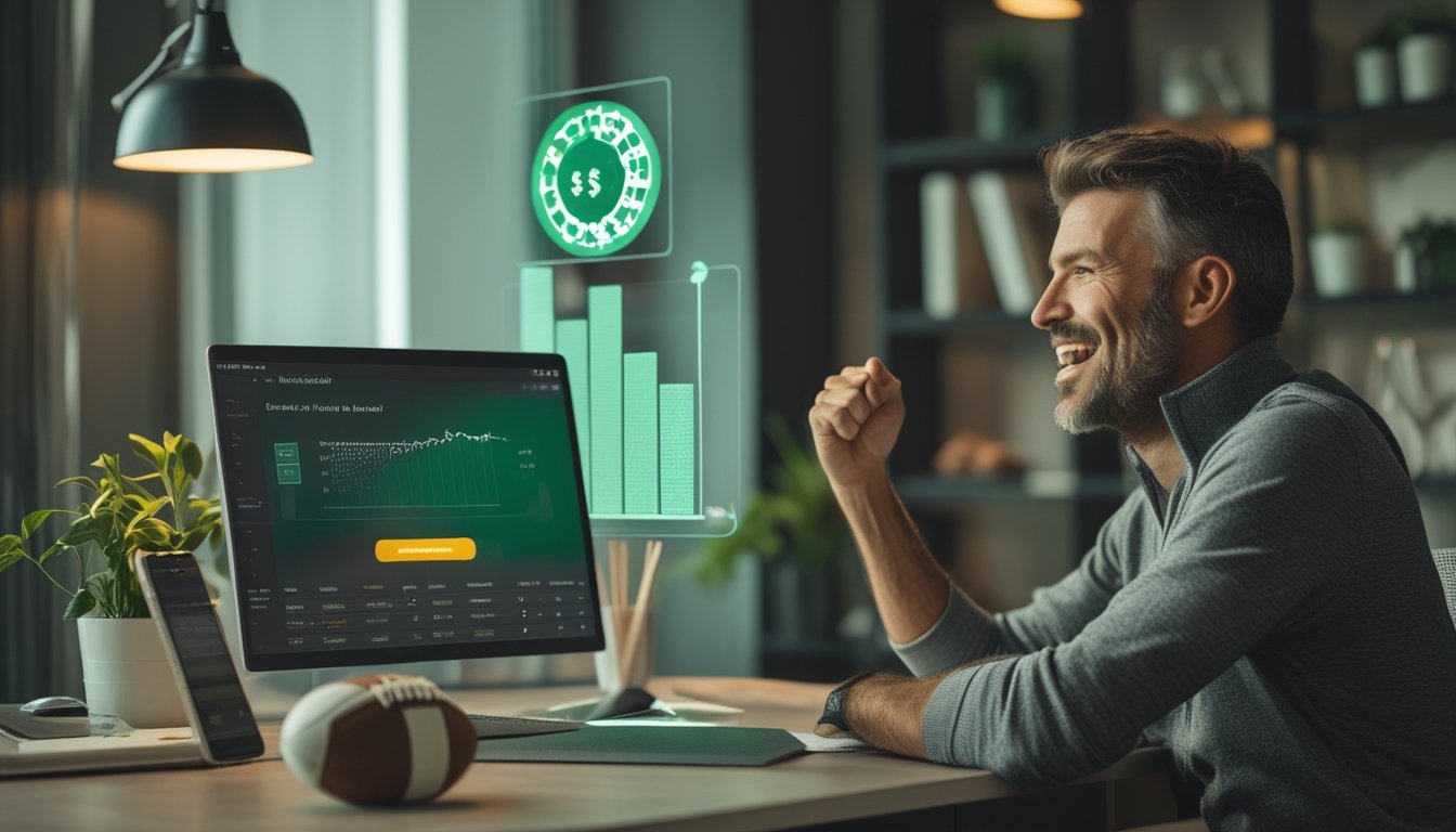 Penggemar sepak bola merayakan hasil pertandingan di ruang kerja modern dengan laptop, bola, dan simbol hadiah cashback.