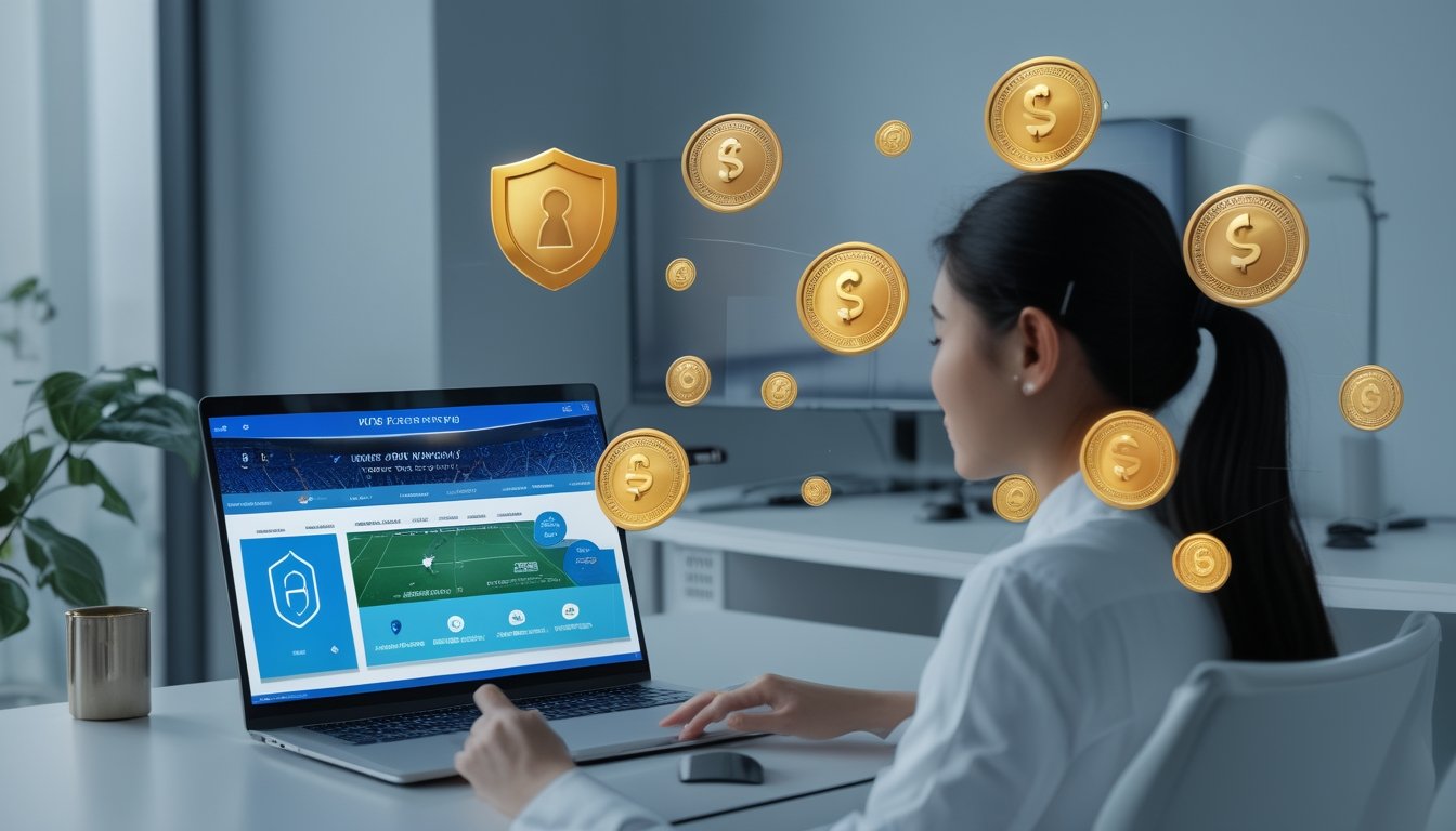 Pengguna dewasa menggunakan laptop dengan simbol keamanan dan aksen koin emas di meja kerja modern.