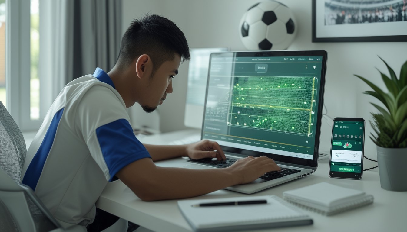 Seorang penggemar sepak bola mempelajari informasi taruhan di meja kerja dengan laptop, buku catatan, ponsel, dan bola sepak.