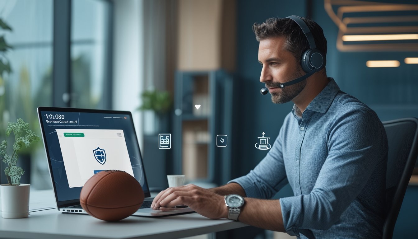 Petugas layanan pelanggan mengenakan headset membantu pengguna melalui laptop di ruang kerja modern dengan elemen sepak bola.