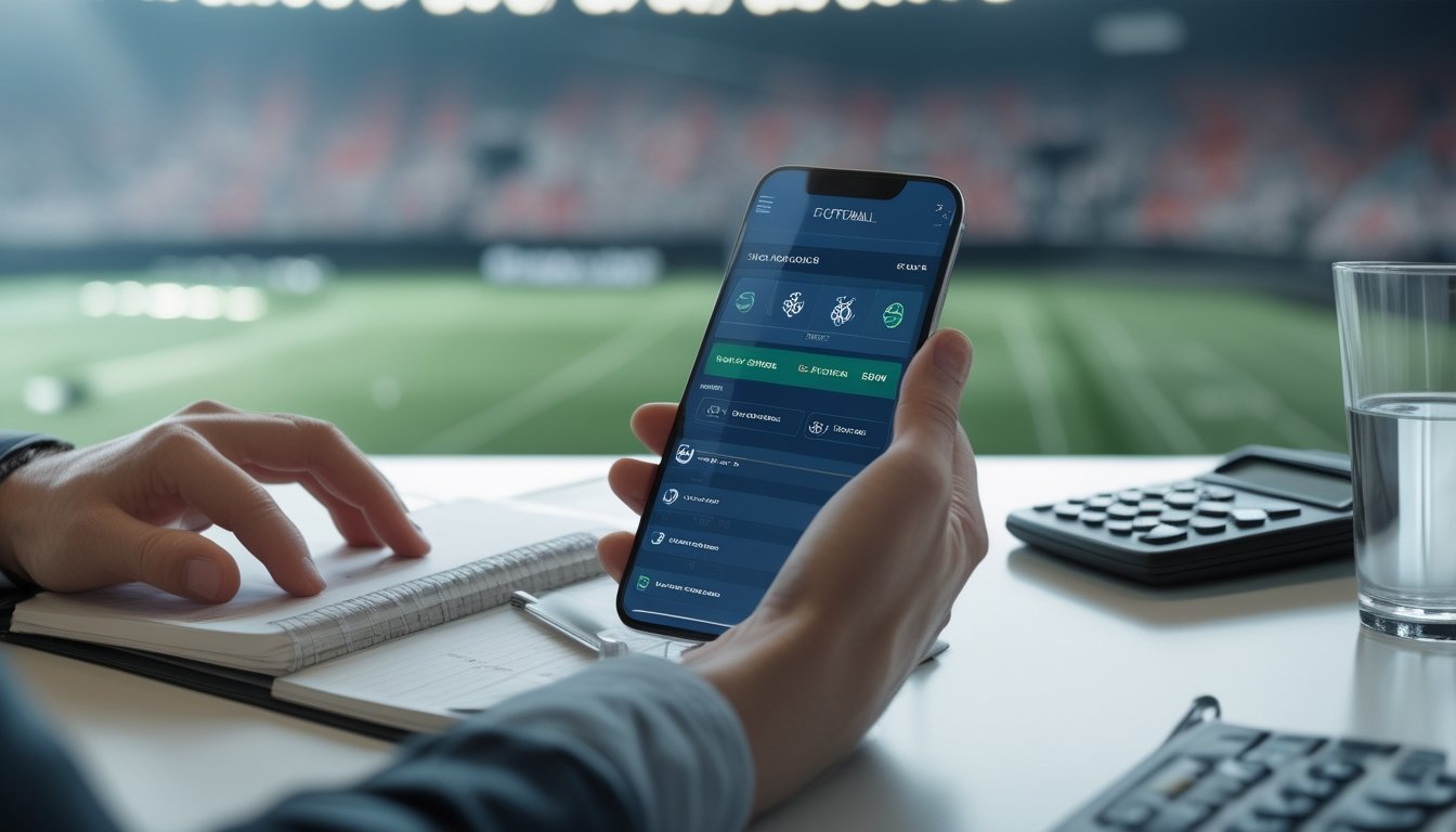 Seseorang menggunakan aplikasi ponsel untuk taruhan sepak bola secara bertanggung jawab di meja kerja.