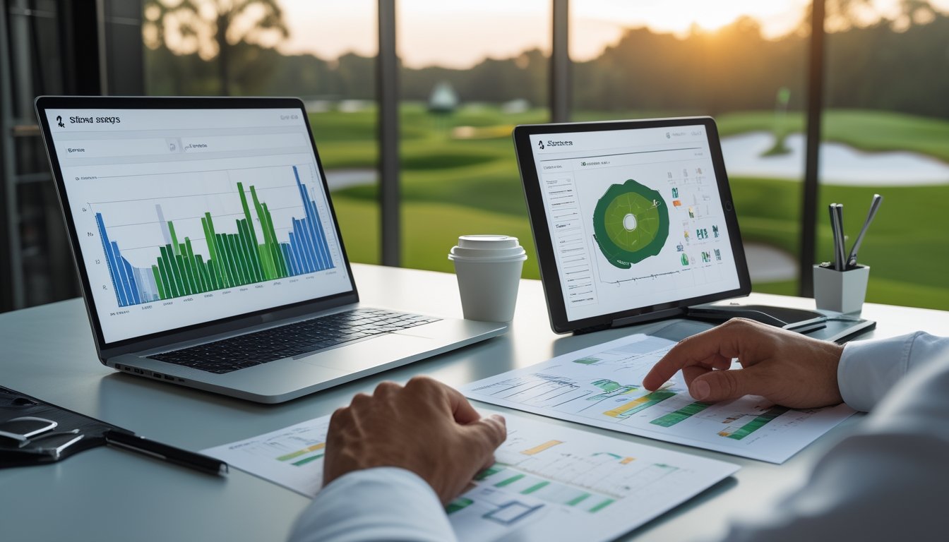 Seorang analis meninjau data performa pemain golf di meja kerja dengan latar lapangan golf.