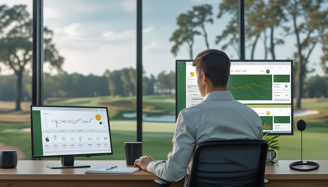 Analis golf meninjau visualisasi data dan kondisi lapangan dengan latar lapangan golf turnamen.