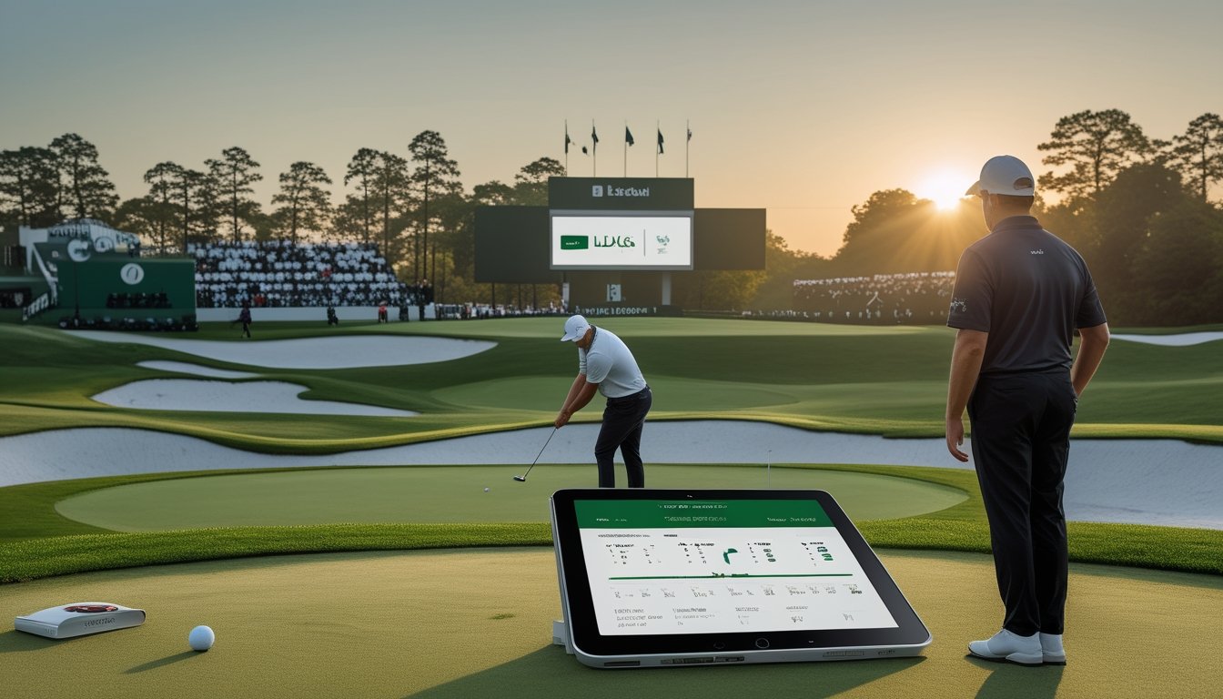Pegolf profesional bersiap melakukan pukulan di lapangan pada putaran final turnamen, sementara seorang pengamat melihat data pada tablet.