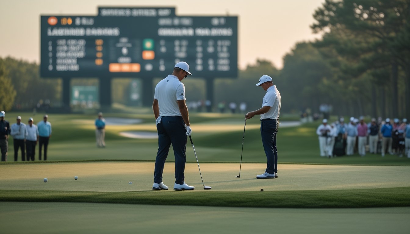 Pegolf dan caddie menganalisis kondisi lapangan sebelum pukulan penting di putaran final turnamen.