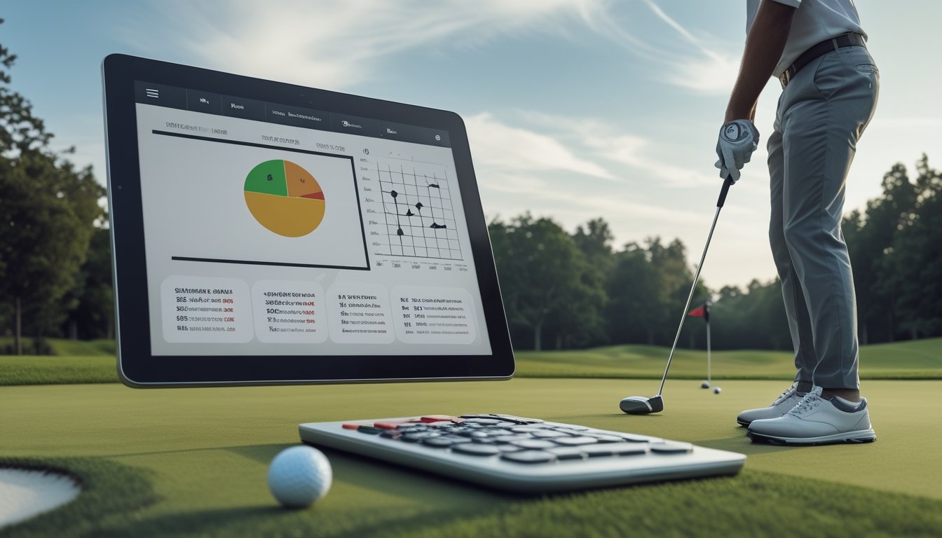 Seorang pemula mempelajari grafik analisis di tablet di tepi lapangan golf.