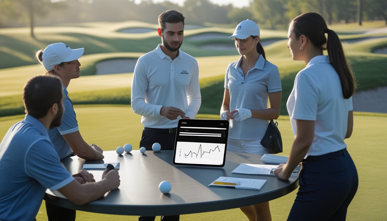 Sekelompok pemula mempelajari analisis taruhan golf bersama instruktur di lapangan golf.