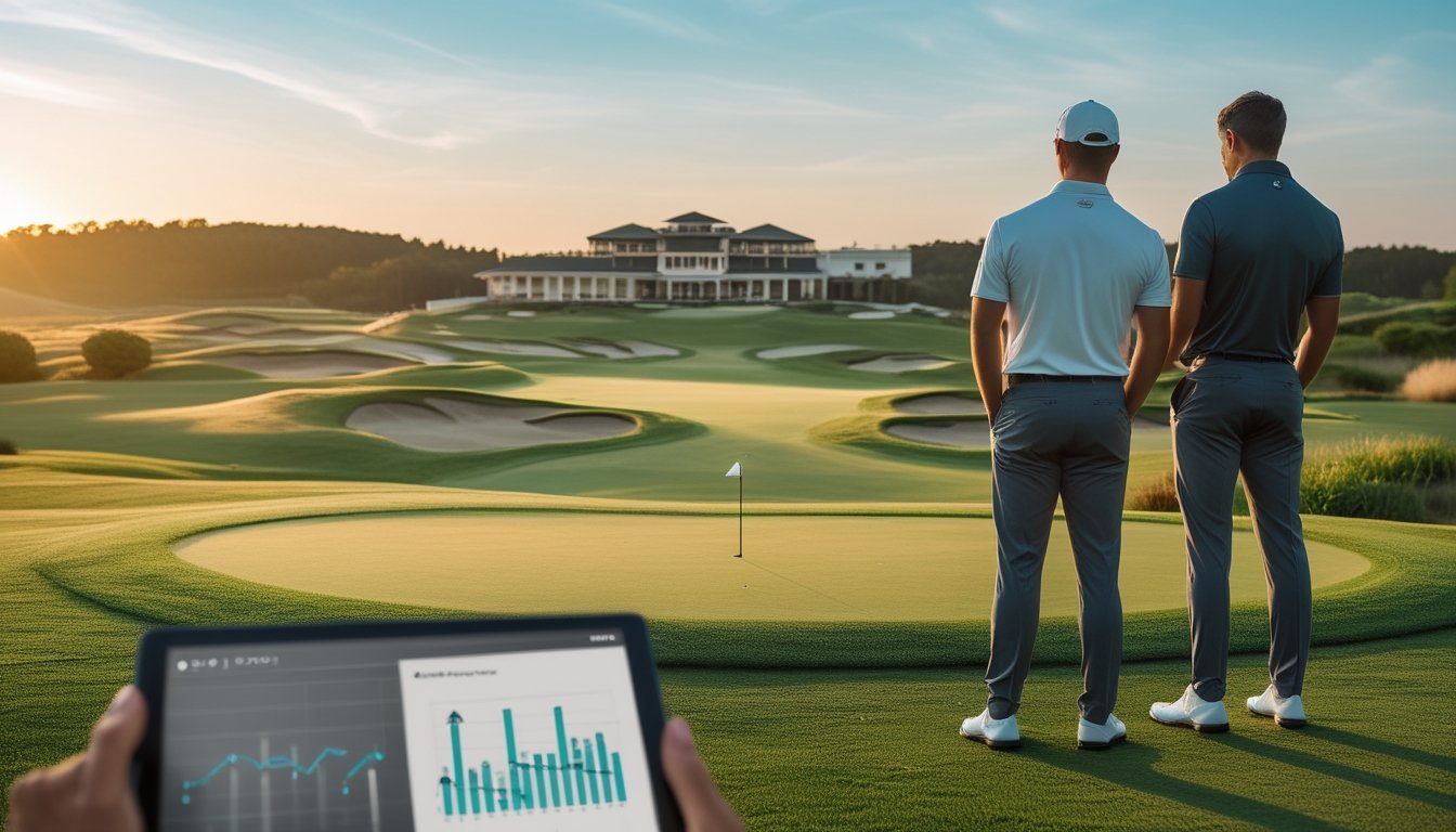 Analis golf dan pegolf profesional menganalisis lapangan golf utama dengan tablet di area green.