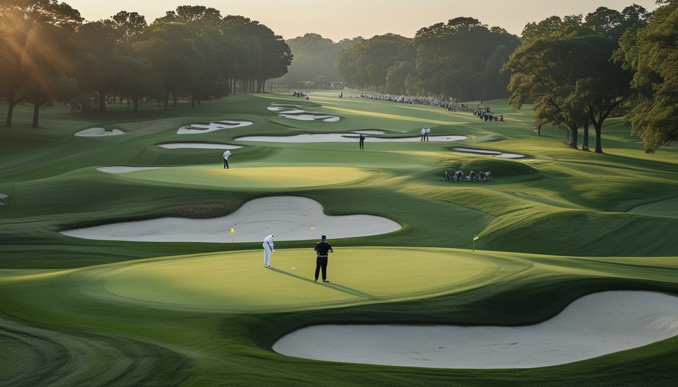 Lapangan golf turnamen dengan fairway, green, bunker, pepohonan, dan pegolf yang sedang membaca kondisi medan.