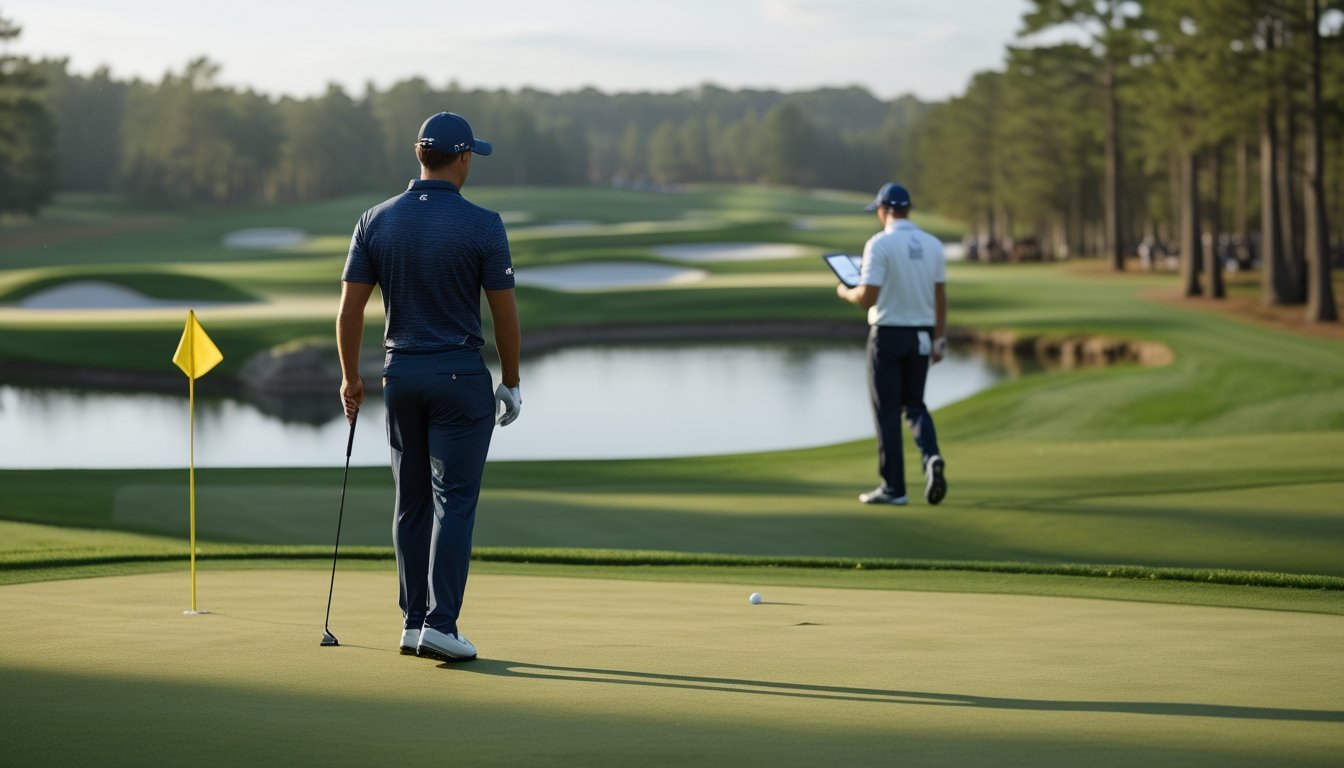 Pegolf profesional mengamati lapangan turnamen sambil berdiskusi dengan caddie.