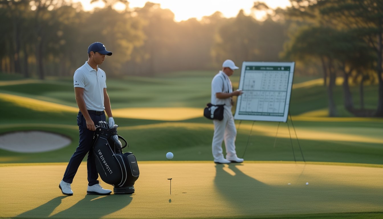 Pegolf profesional mengamati lapangan golf sambil mempertimbangkan strategi pertandingan.