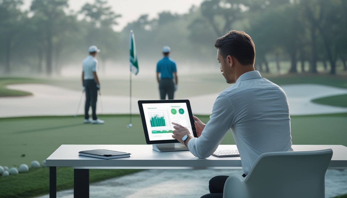 Seorang analis mempelajari data abstrak di tablet dengan lapangan golf dan dua pegolf di latar belakang.