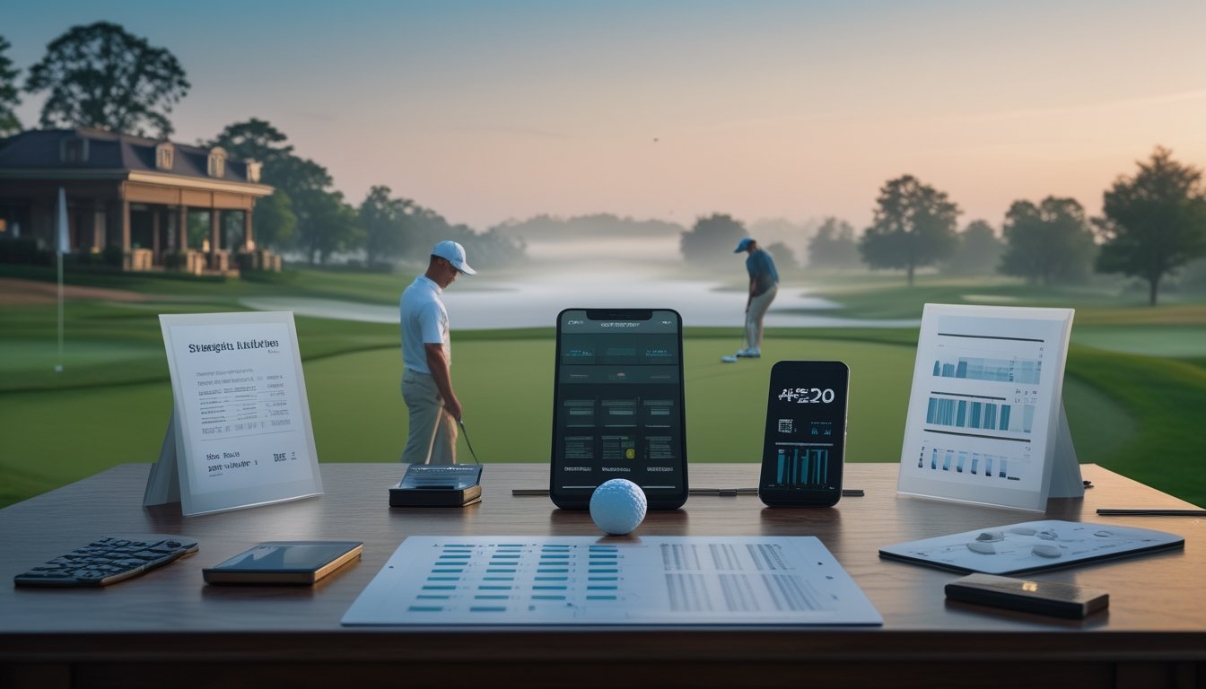 Dua pegolf berada di lapangan, sementara seorang analis membandingkan data dan perlengkapan golf di meja.