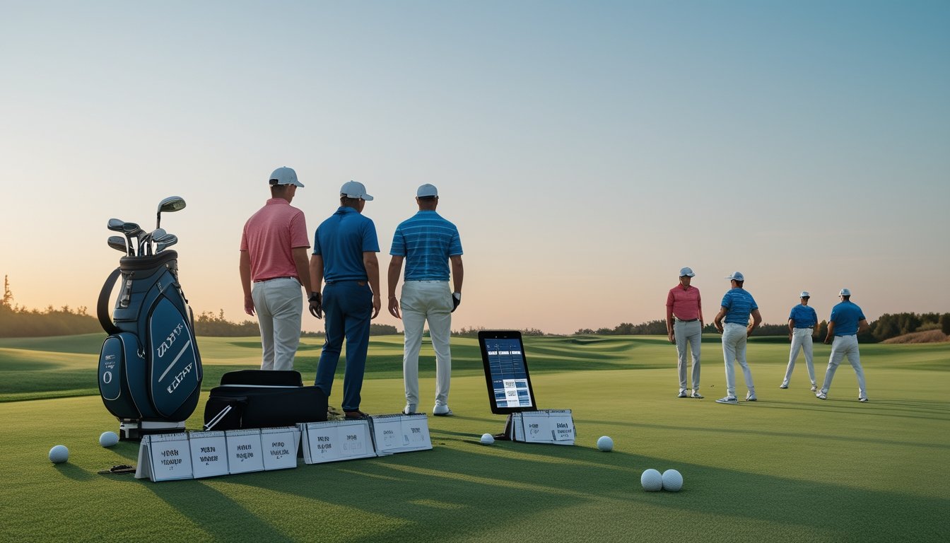 Lima pegolf bersiap melakukan pertandingan di lapangan golf dengan perlengkapan dan tablet analisis.