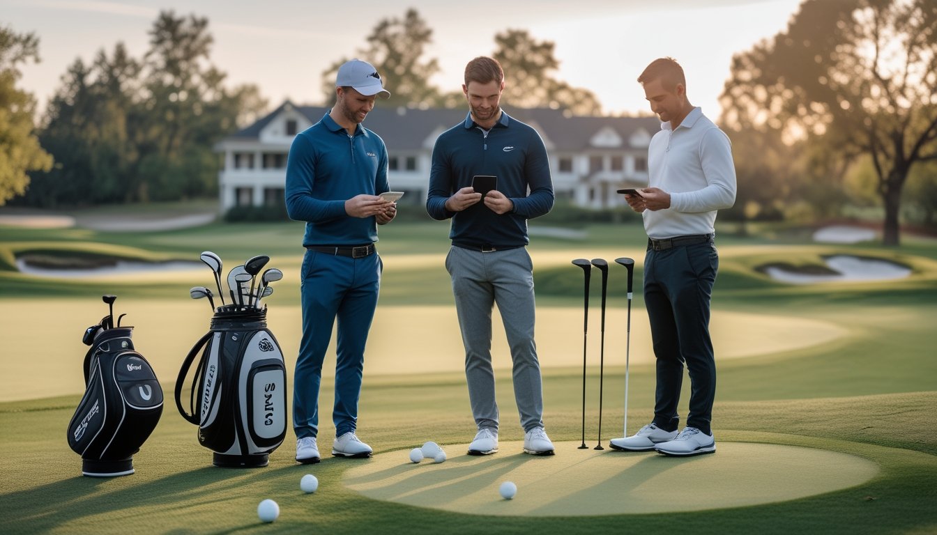 Tiga pegolf membandingkan hasil permainan di lapangan golf dengan bola golf yang ditata dalam kelompok dua dan tiga.