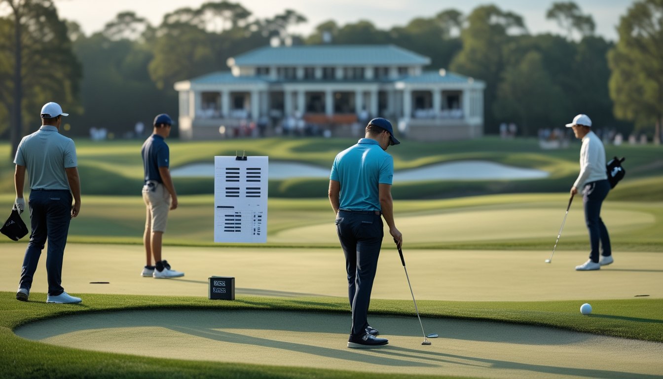 Seorang pegolf profesional bersiap melakukan pukulan di lapangan turnamen dengan caddie dan penonton di latar belakang.