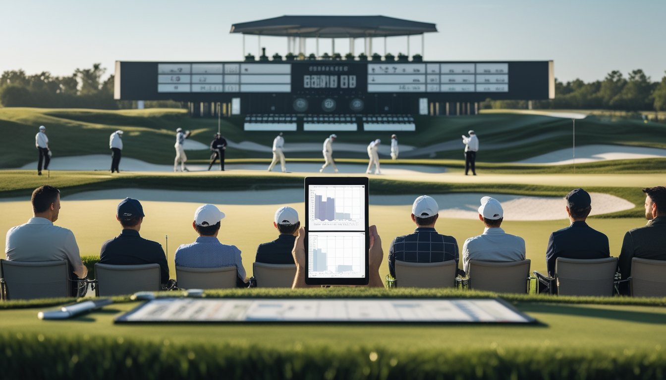 Analis turnamen mengamati pertandingan golf dan data performa di lapangan.