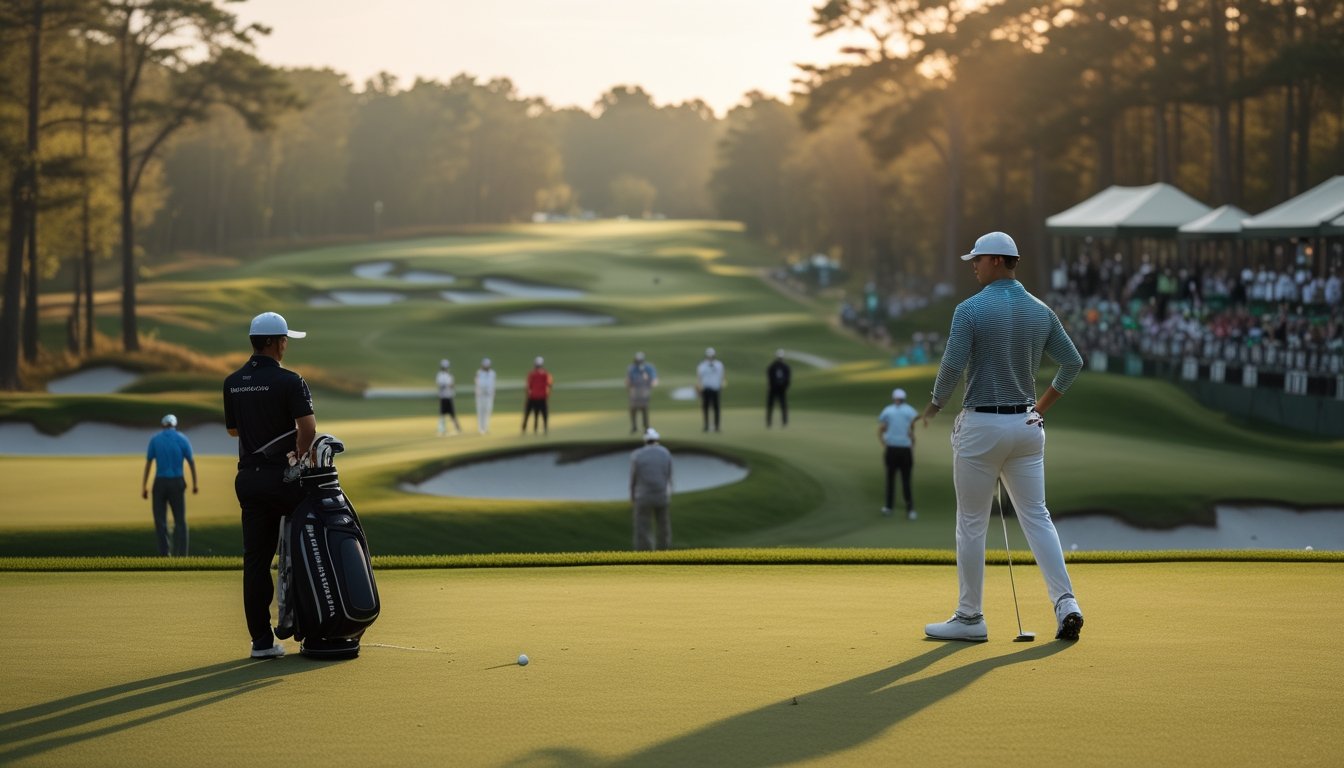 Pegolf profesional bersiap melakukan pukulan pertama di lapangan turnamen golf besar, dengan pemain lain dan penonton di kejauhan.