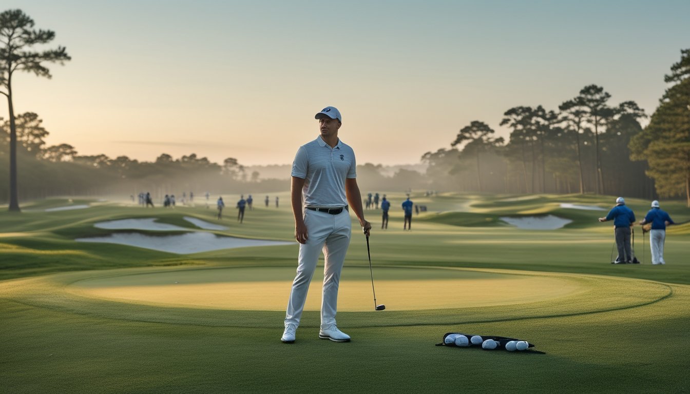 Pegolf profesional berdiri di dekat green setelah menyelesaikan putaran pertama turnamen di lapangan golf.