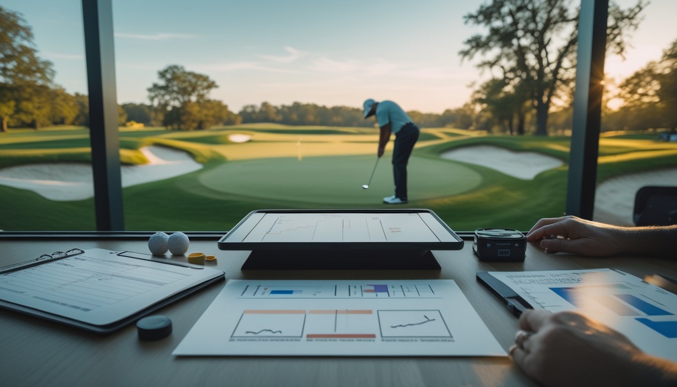 Pegolf profesional bersiap melakukan pukulan di lapangan golf, dengan perlengkapan dan catatan analisis di latar depan.