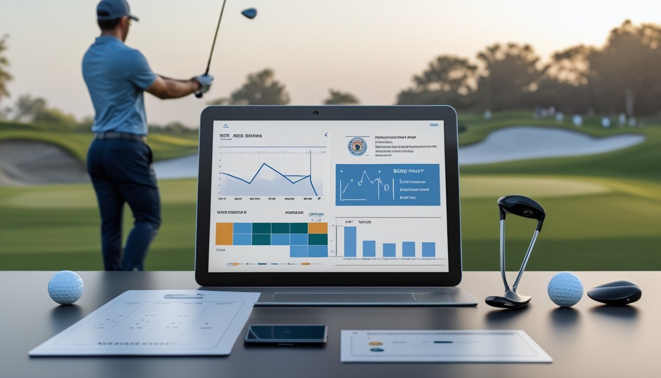 Analis mengamati data golf sementara pegolf bersiap melakukan pukulan di lapangan hijau.