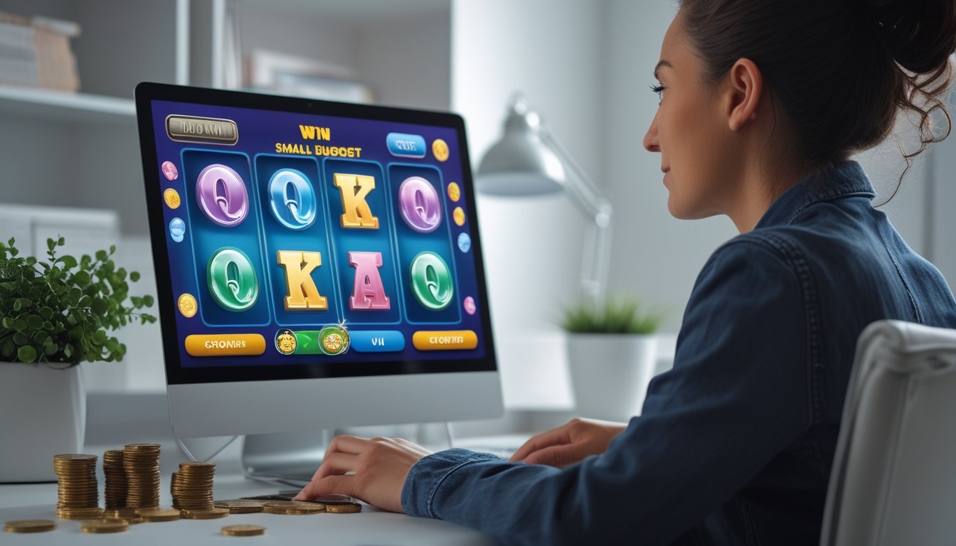 Orang dewasa bermain gim slot digital di meja kerja dengan laptop, ponsel, dan tumpukan koin kecil.