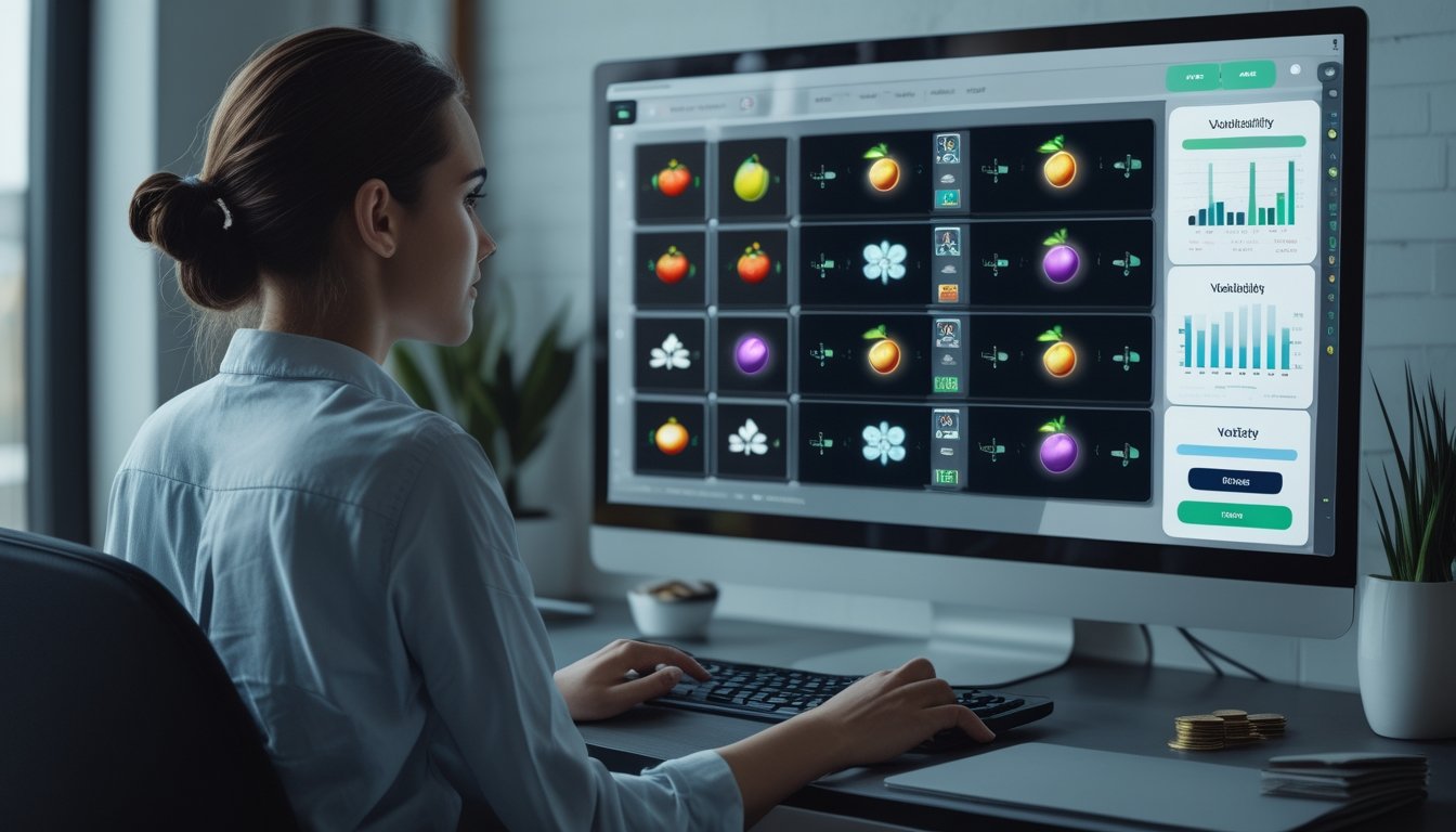 Seorang pemain menganalisis permainan slot dengan simbol berkelompok di monitor sambil menyiapkan anggaran kecil di meja.
