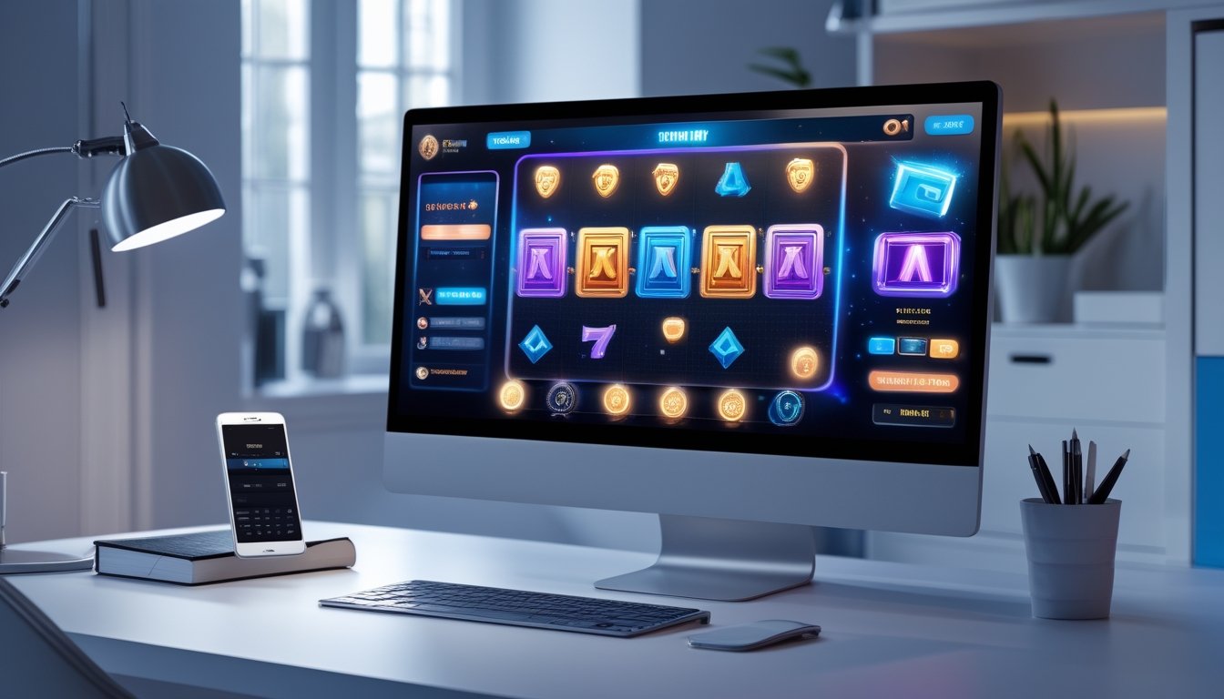 Monitor dan ponsel menampilkan antarmuka permainan digital abstrak di meja kerja modern.