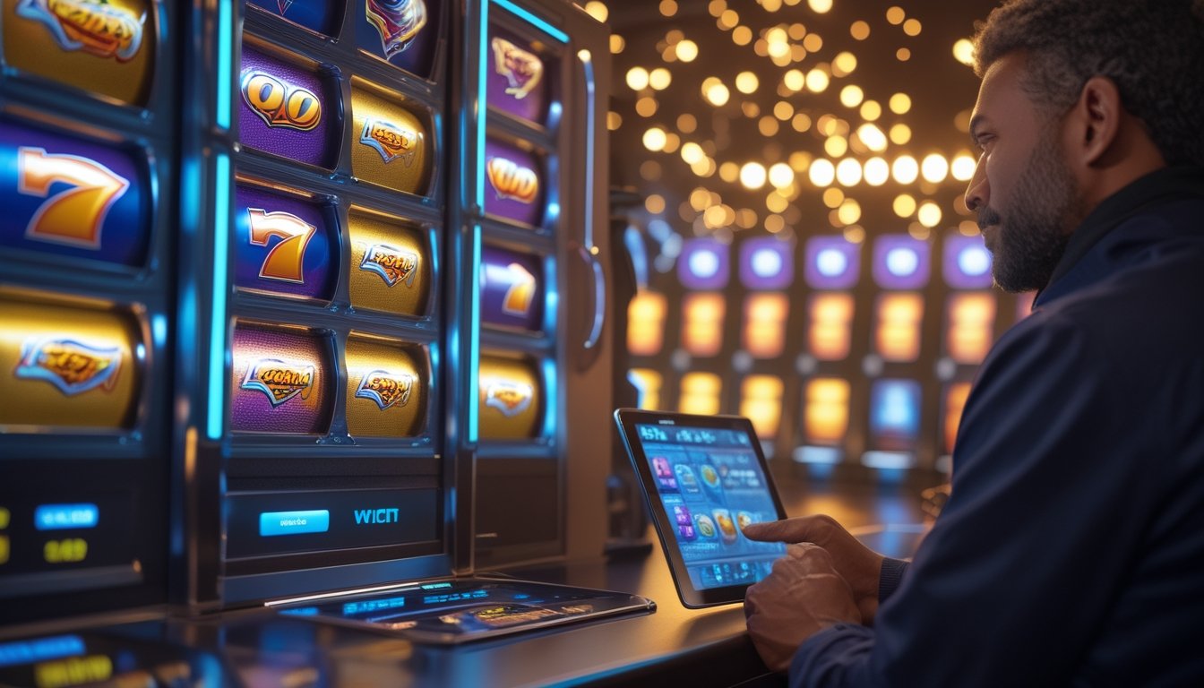Pemain melihat permainan slot digital dengan gulungan berwarna-warni, cahaya keemasan, dan koin yang berkilauan.