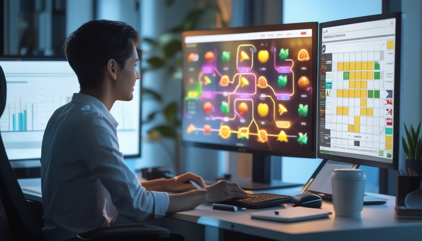 Seorang pemula mempelajari pola kelompok simbol permainan slot pada monitor di ruang kerja.