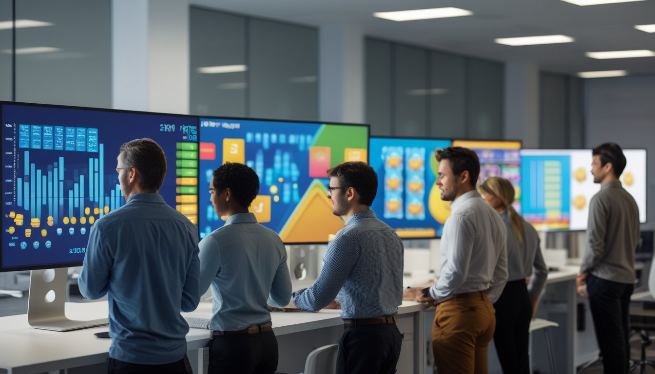 Analis dewasa membandingkan grafik abstrak dan pola pembayaran permainan slot di kantor modern.