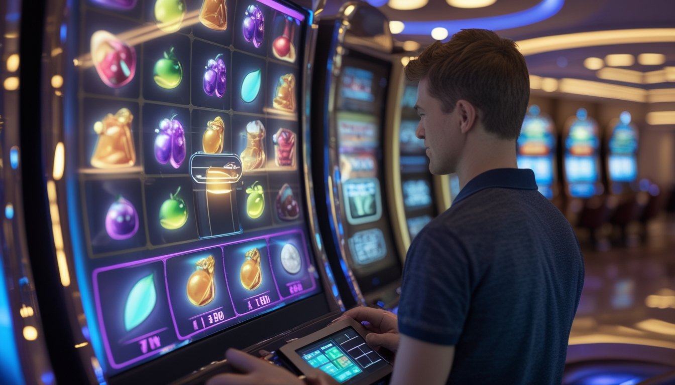 Seorang pemain dewasa mempelajari permainan slot digital dengan simbol warna-warni yang tersusun dalam kelompok di ruang hiburan modern.