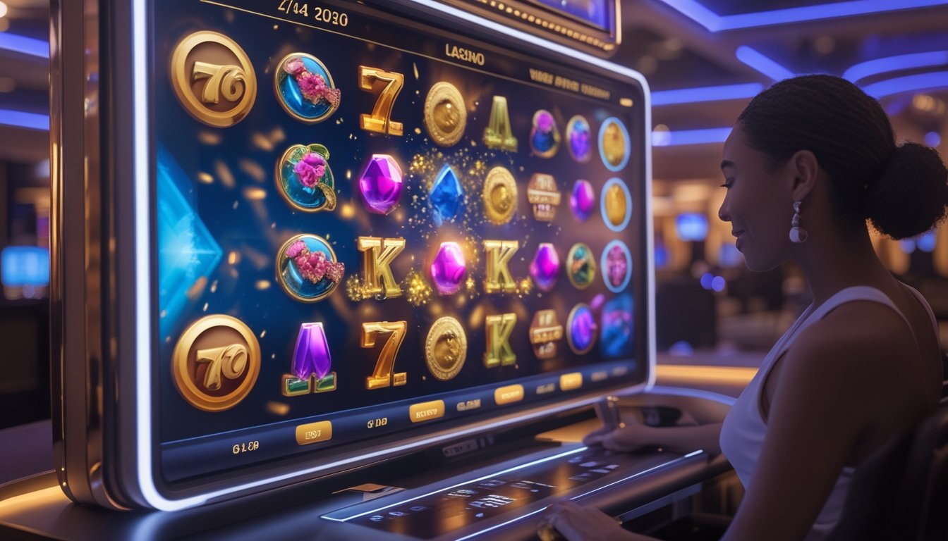 Seorang pemain dewasa melihat permainan slot digital dengan simbol warna-warni dan efek kemenangan di ruang hiburan modern.