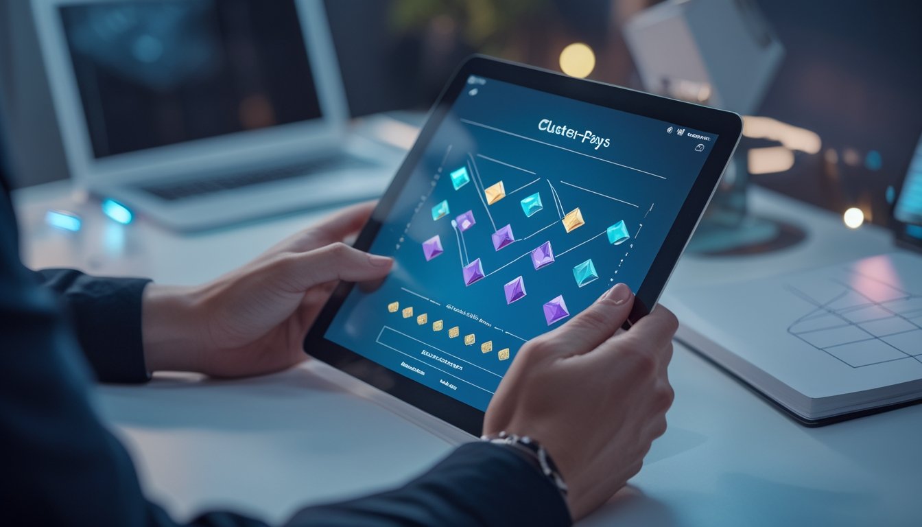 Seseorang menganalisis pola simbol berkelompok pada tablet di meja kerja modern.