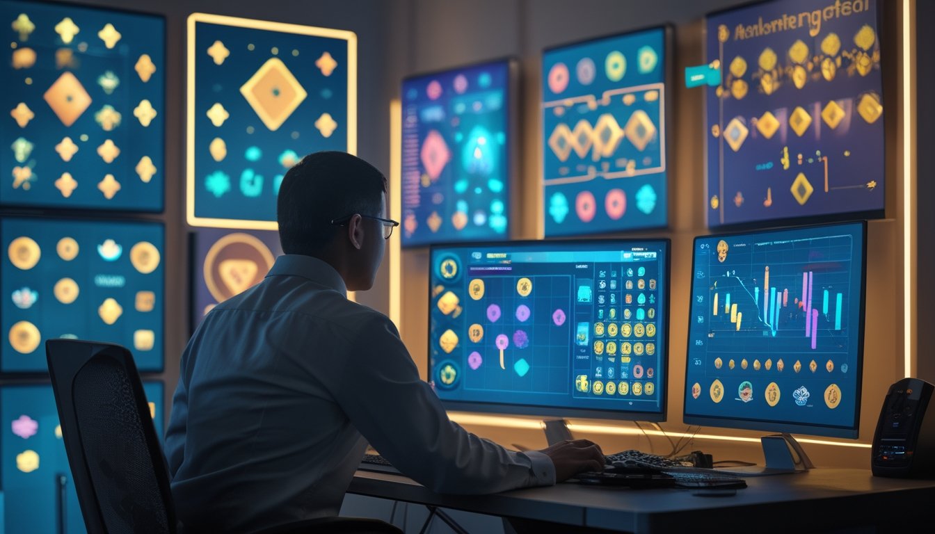 Seorang analis mempelajari visualisasi data dan pola kelompok simbol permainan digital di meja kerja modern.