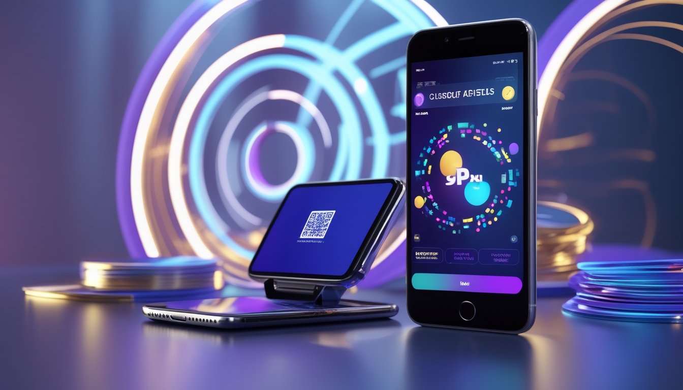 Ponsel menampilkan permainan digital abstrak di samping perangkat dengan layar pembayaran QR, di atas meja modern bercahaya.