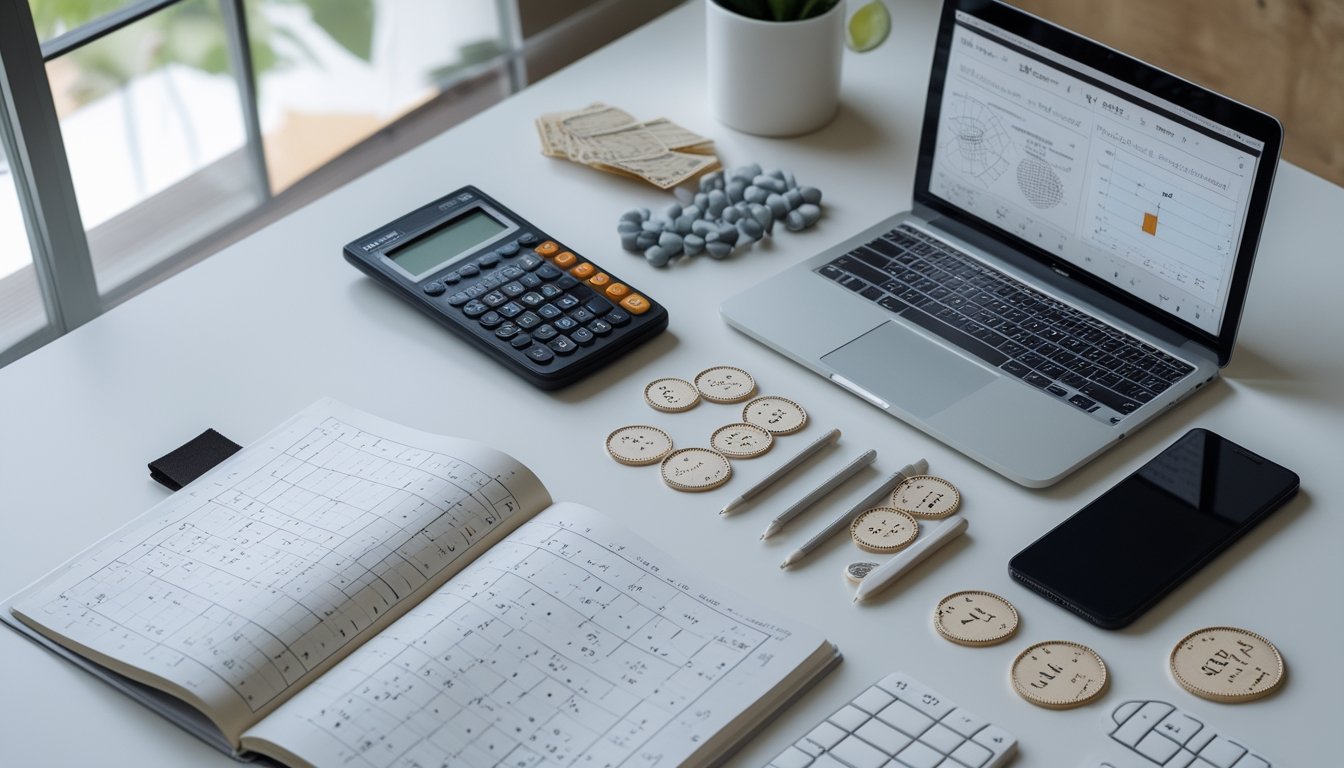 Meja kerja dengan buku catatan berisi pola angka abstrak, kalkulator, dan laptop yang menampilkan grafik statistik.