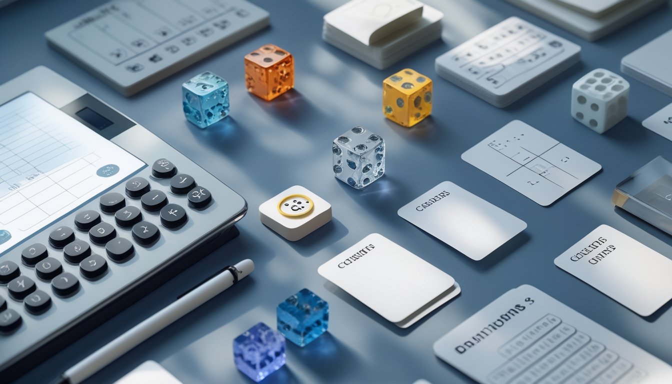 Meja modern dengan kalkulator, dadu transparan, token bernomor, dan kubus geometris yang tersusun dalam pola kombinasi.