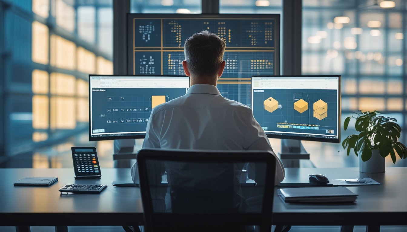 Seorang analis mempelajari pola angka dan grafik probabilitas di meja kerja modern.