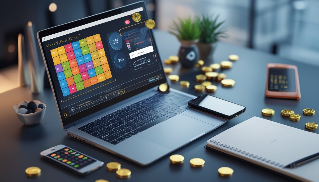 Laptop, ponsel, bola bernomor, kalkulator, dan koin emas di atas meja kerja modern.