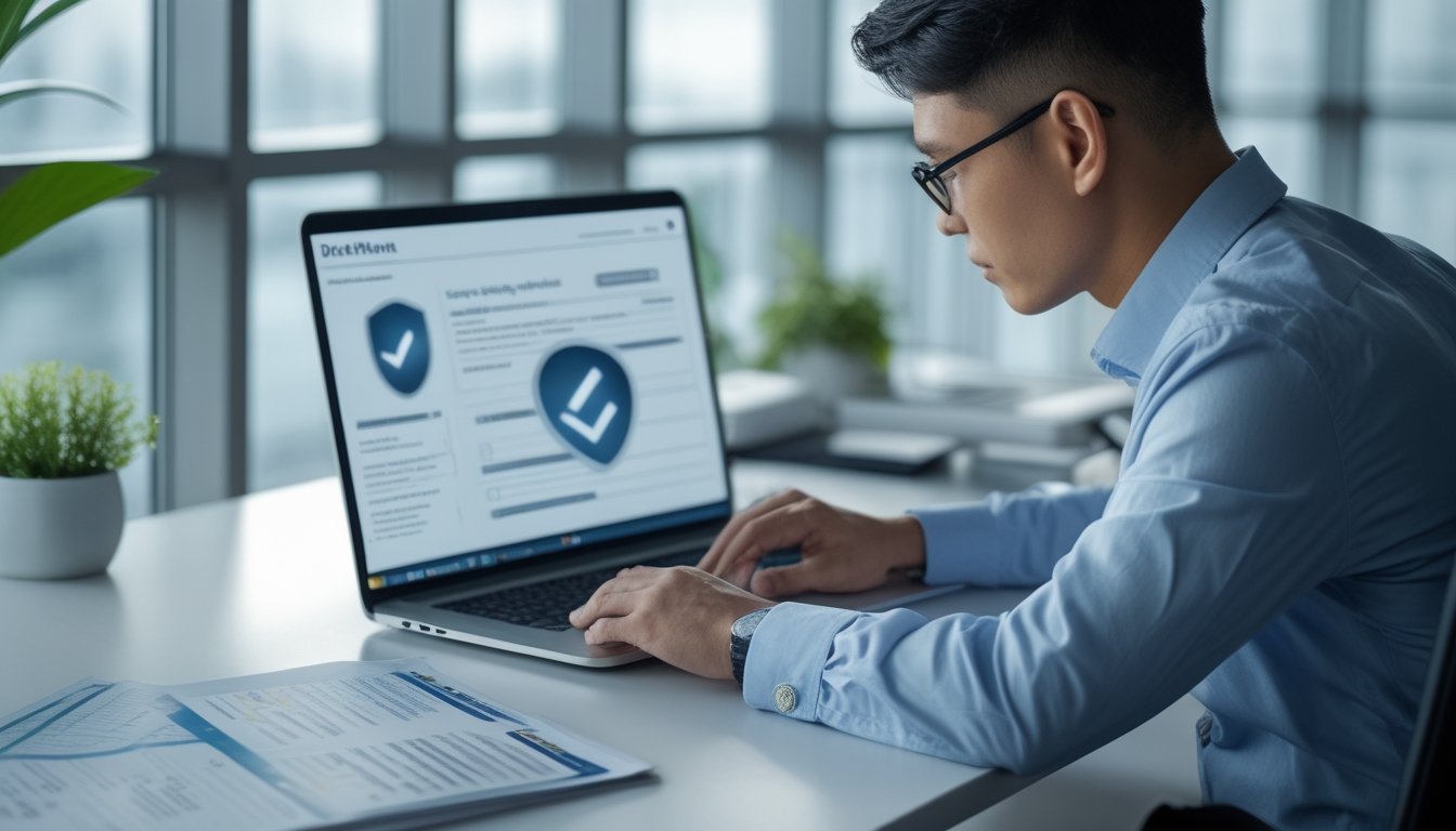 Seorang analis memeriksa keamanan dan kredibilitas platform digital di meja kerja.