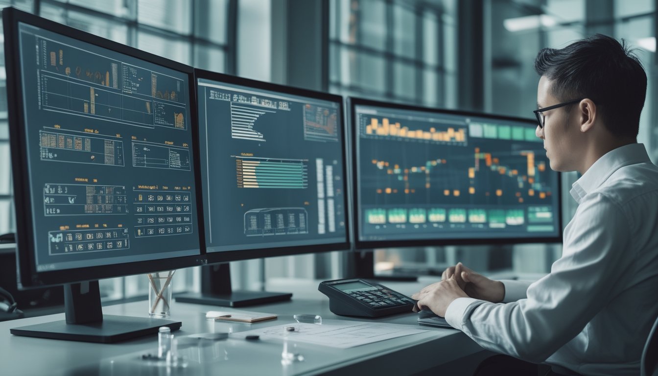 Seorang analis mempelajari grafik statistik dan pola data abstrak pada beberapa monitor di ruang kerja modern yang aman.