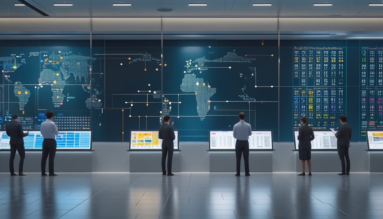 Tim profesional menganalisis pola angka dan data global di ruang kerja modern.