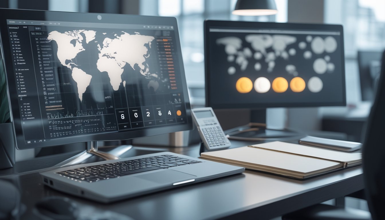 Meja kerja modern dengan laptop, kalkulator, ponsel, dan pola data abstrak.