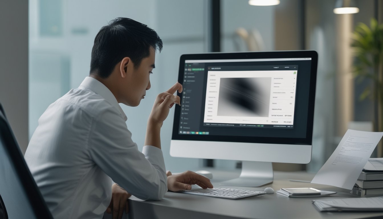 Orang Indonesia memeriksa laptop dan dokumen hukum di meja dengan suasana serius dan penuh kehati-hatian.