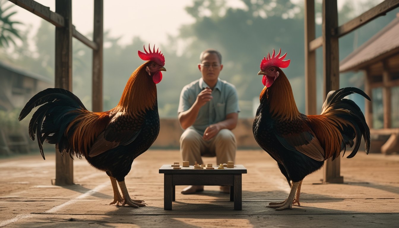 Seorang pengamat menyusun strategi di dekat dua ayam jantan yang berdiri tenang dalam arena tradisional.