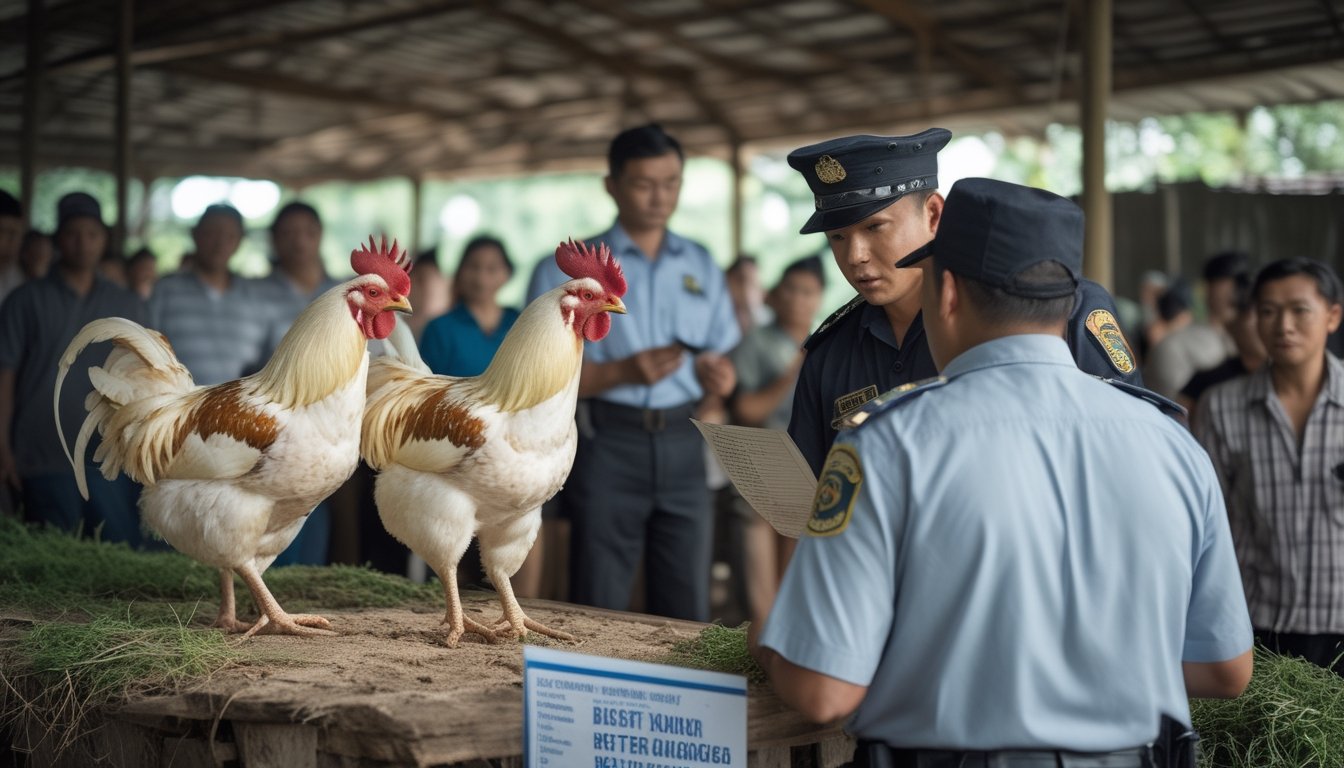 Petugas berdiskusi dengan penyelenggara di dekat kandang ayam dan dokumen pemeriksaan.
